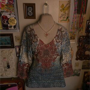 Y2K Grunge Crochet Knit V-Neck T-Shirt Women's XL Blue Red Mesh Bohemian